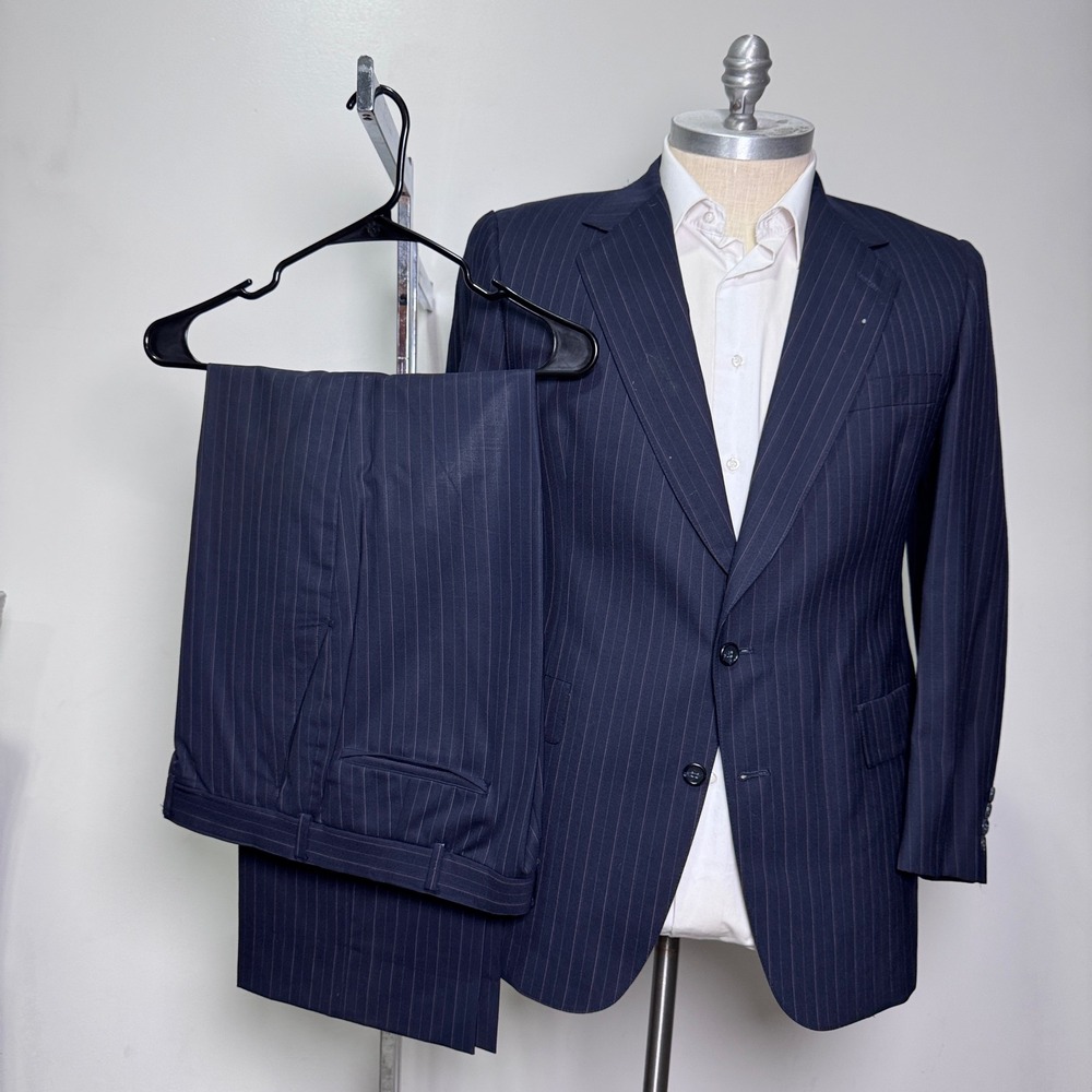 Hart Schaffner & Marx Suit Mens 40R 34W Navy Pinstripe 2-Button Wool Business